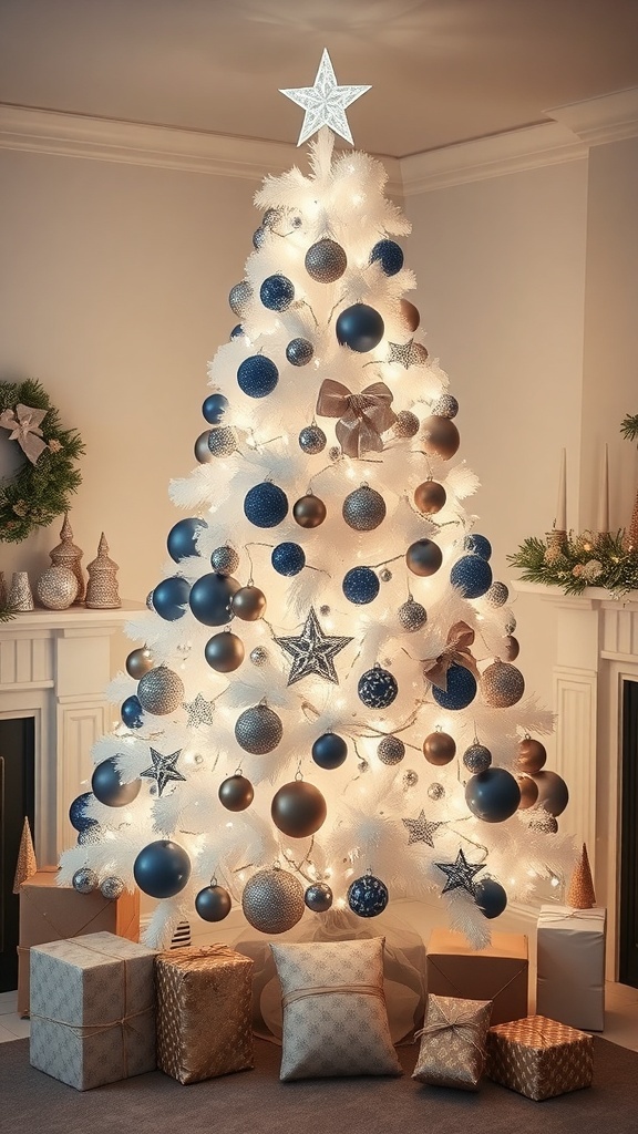 Elegant White Christmas Tree Decorating Ideas A white Christmas tree decorated with silver and blue ornaments, fairy lights, and a star, in a cozy living room.